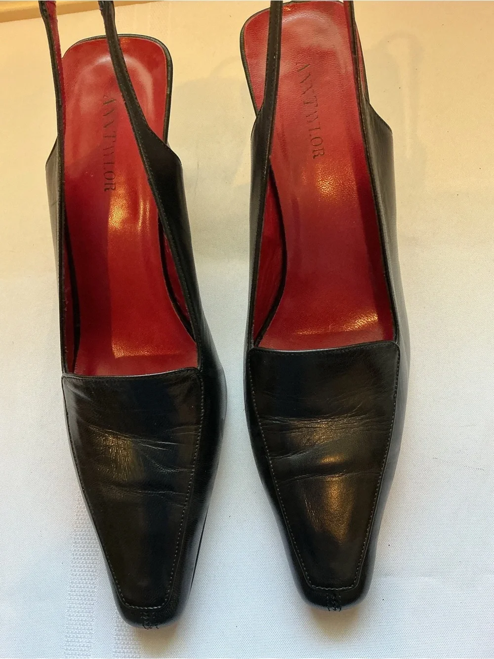 Vintage Ann Taylor, Black Leather Square Toe Slingback Heels, Italy Size 8M